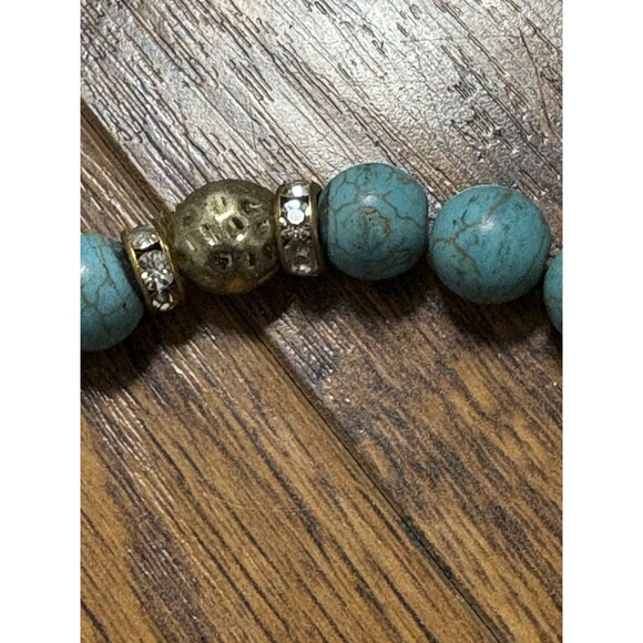 Beaded Blue Bracelet with Cross Made With Love Faux Turquoise Stretchy Rhineston - Picture 4 of 7